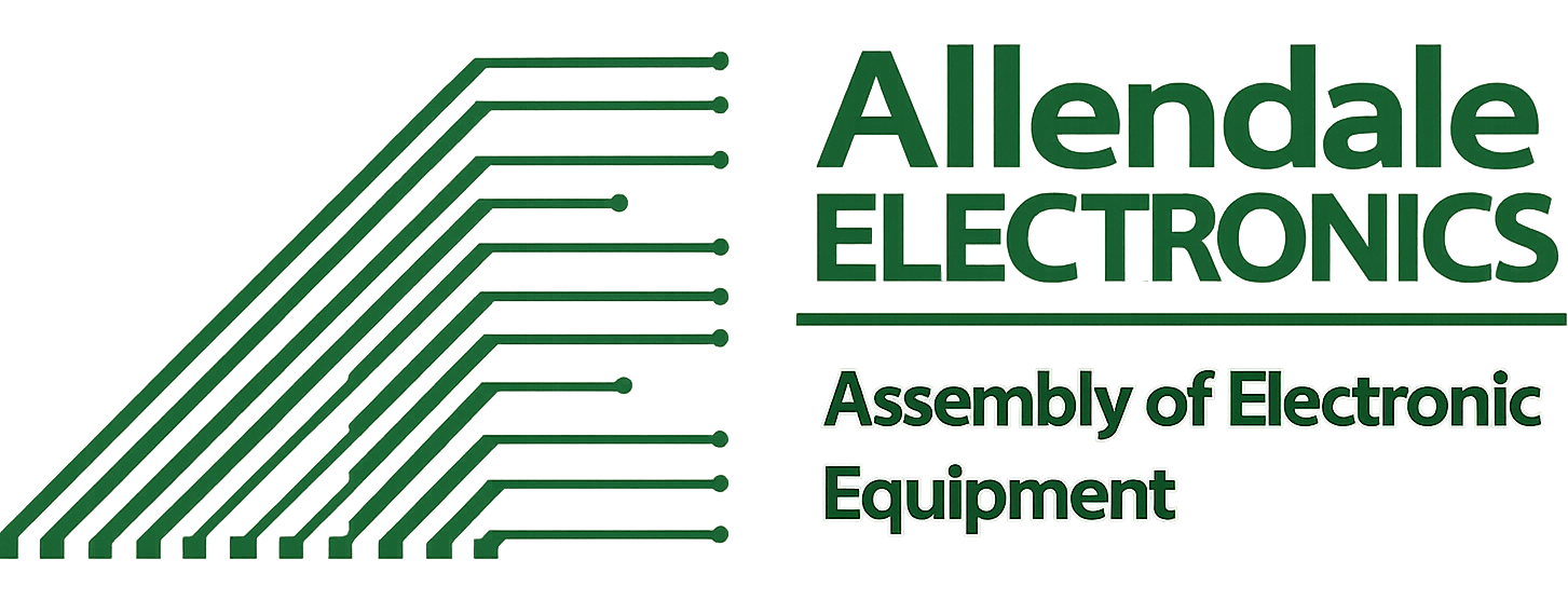 Logo for Allendale Electronics with green circuit-like lines on the left and the text “Allendale ELECTRONICS Assembly of Electronic Equipment” on the right.