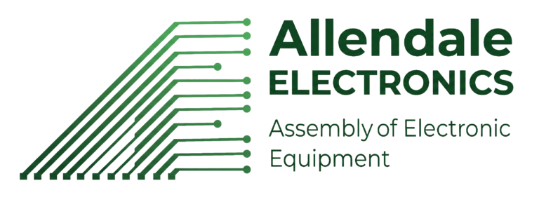 Logo for Allendale Electronics featuring green circuit lines on the left and the words “Allendale ELECTRONICS Assembly of Electronic Equipment” on the right.
